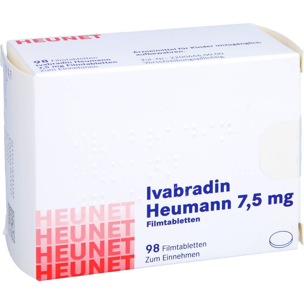 Das Produktfoto zeigt Ivabradin Heumann 7,5 Mg Filmtabletten Heunet (98 stk) PZN 17438338