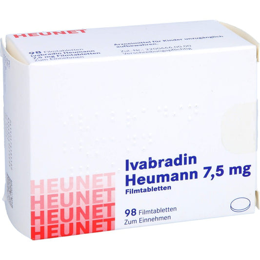 Das Produktfoto zeigt Ivabradin Heumann 7,5 Mg Filmtabletten Heunet (98 stk) PZN 17438338