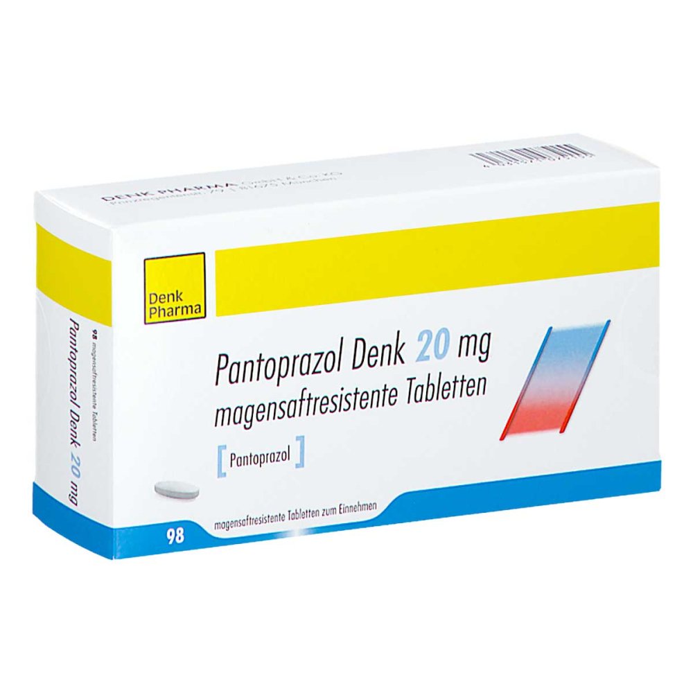 Das Produktfoto zeigt Pantoprazol Denk 20 Mg Magensaftres.Tabletten (98 stk) PZN 17440708