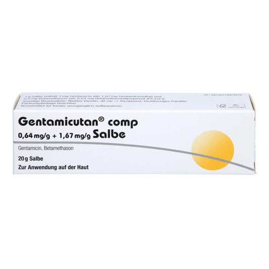 Das Produktfoto zeigt Gentamicutan Comp 0,64 Mg/G + 1,67 Mg/G Salbe (20 g) PZN 17445367