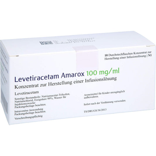 Das Produktfoto zeigt Levetiracetam Amarox 100 Mg/Ml K.H.Inf.-Lsg.500mg (10X5 ml) PZN 17447320