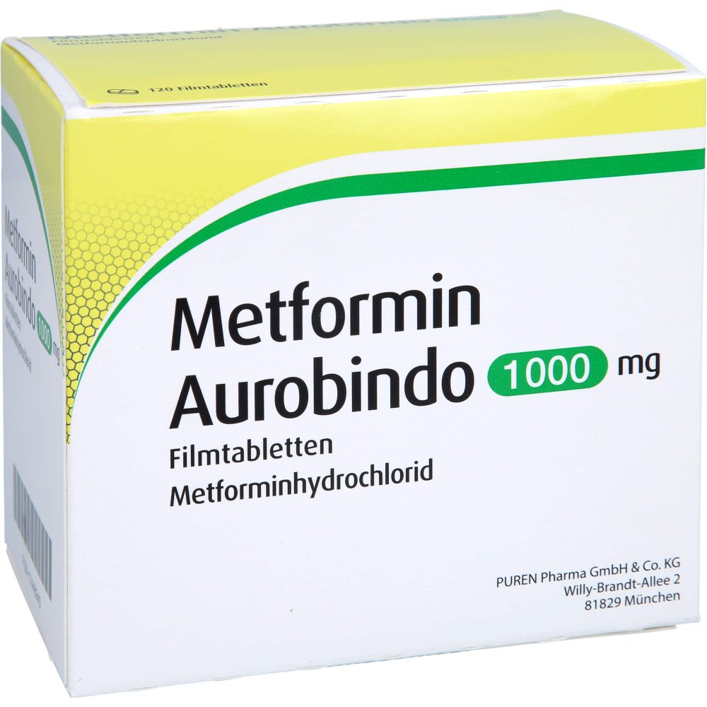 Das Produktfoto zeigt Metformin Aurobindo 1000 Mg Filmtabletten (120 stk) PZN 17448940