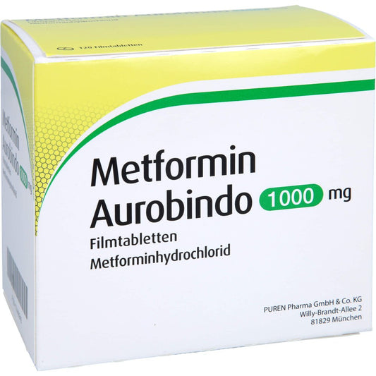 Das Produktfoto zeigt Metformin Aurobindo 1000 Mg Filmtabletten (120 stk) PZN 17448940