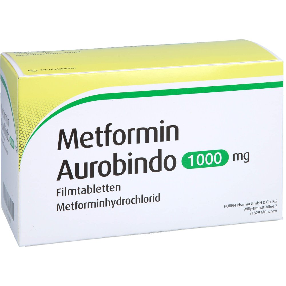 Das Produktfoto zeigt Metformin Aurobindo 1000 Mg Filmtabletten (180 stk) PZN 17448957