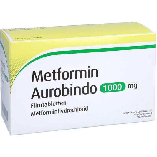 Das Produktfoto zeigt Metformin Aurobindo 1000 Mg Filmtabletten (180 stk) PZN 17448957