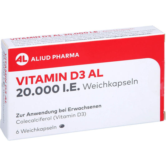 Das Produktfoto zeigt Vitamin D3 Al 20.000 I.E. Weichkapseln (6 stk) PZN 17449336