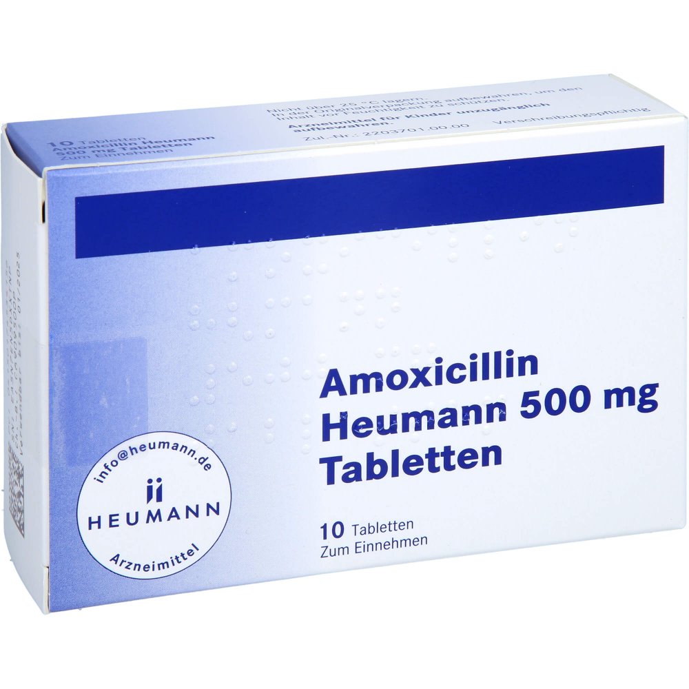 Das Produktfoto zeigt Amoxicillin Heumann 500 Mg Tabletten (10 stk) PZN 17453415