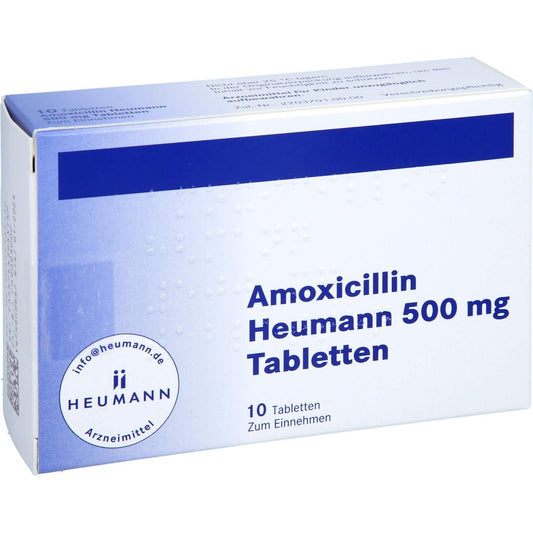 Das Produktfoto zeigt Amoxicillin Heumann 500 Mg Tabletten (10 stk) PZN 17453415