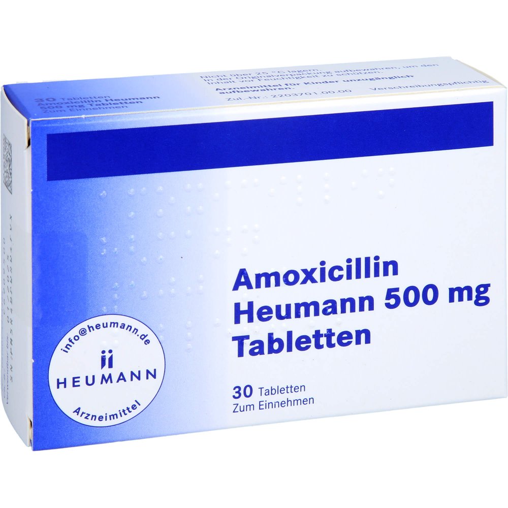 Das Produktfoto zeigt Amoxicillin Heumann 500 Mg Tabletten (30 stk) PZN 17453438