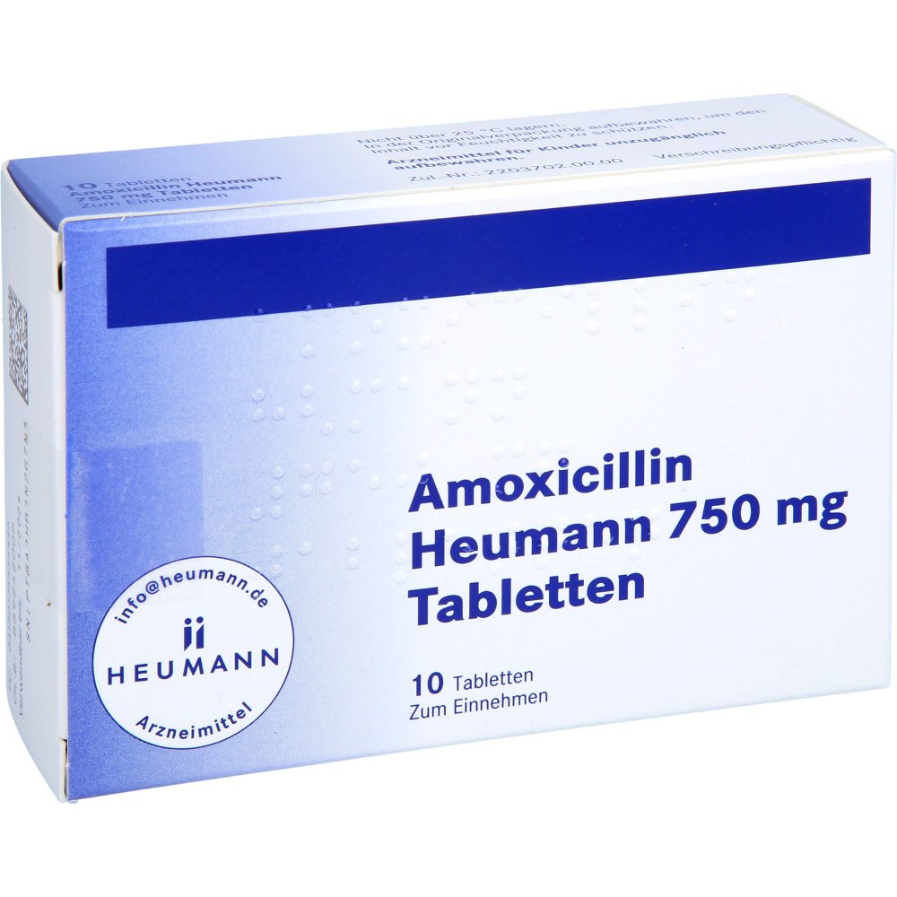 Das Produktfoto zeigt Amoxicillin Heumann 750 Mg Tabletten (10 stk) PZN 17453444
