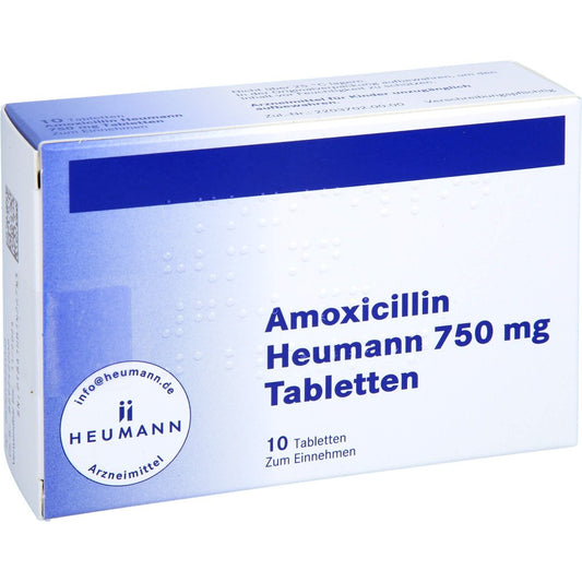 Das Produktfoto zeigt Amoxicillin Heumann 750 Mg Tabletten (10 stk) PZN 17453444