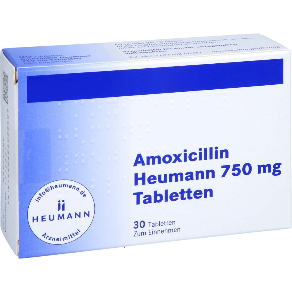 Das Produktfoto zeigt Amoxicillin Heumann 750 Mg Tabletten (30 stk) PZN 17453467