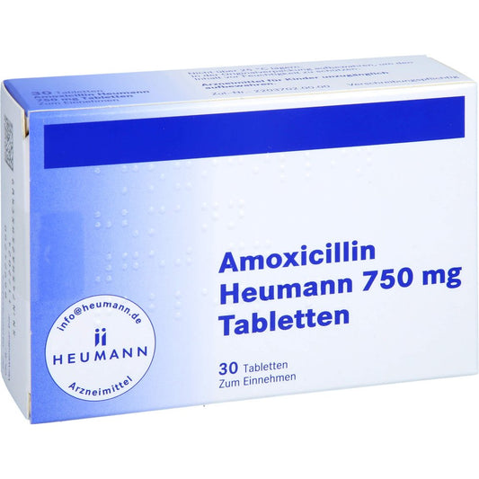Das Produktfoto zeigt Amoxicillin Heumann 750 Mg Tabletten (30 stk) PZN 17453467