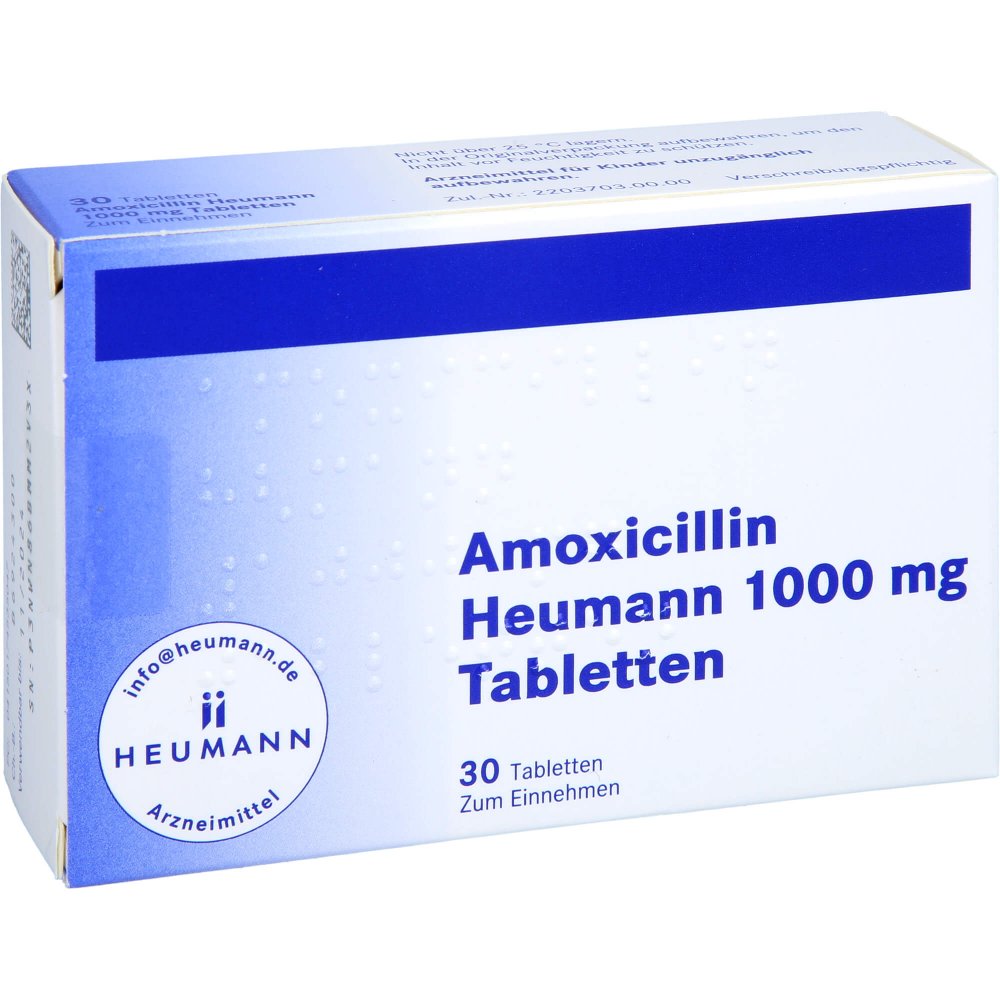 Das Produktfoto zeigt Amoxicillin Heumann 1000 Mg Tabletten (30 stk) PZN 17453504