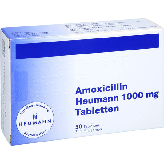 Das Produktfoto zeigt Amoxicillin Heumann 1000 Mg Tabletten (30 stk) PZN 17453504