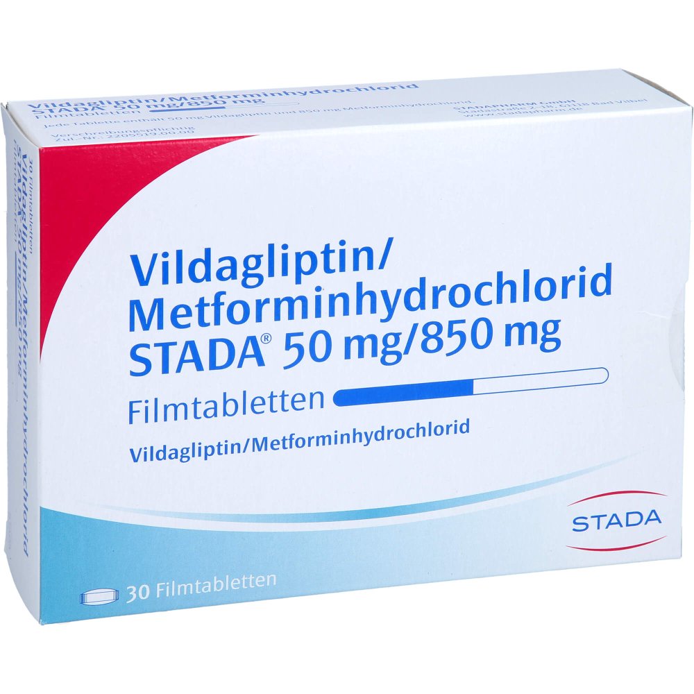 Das Produktfoto zeigt Vildagliptin/Metformin Stada 50 Mg/850 Mg Filmtab. (30 stk) PZN 17467512