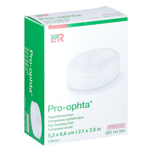 Das Produktfoto zeigt Pro-Ophta Augenkompresse 5,3x6,6 Cm Steril (5 stk) PZN 17491700