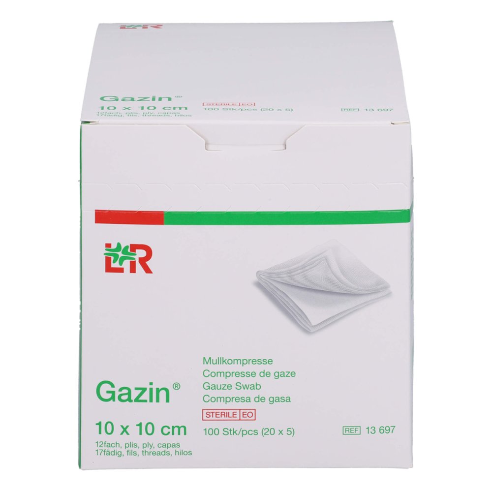 Das Produktfoto zeigt Gazin Mullkomp.10x10 Cm Steril 12fach Groß (20X5 stk) PZN 17492183