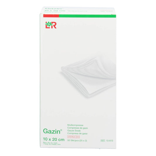 Das Produktfoto zeigt Gazin Mullkomp.10x20 Cm Steril 8fach (25X2 stk) PZN 17492208