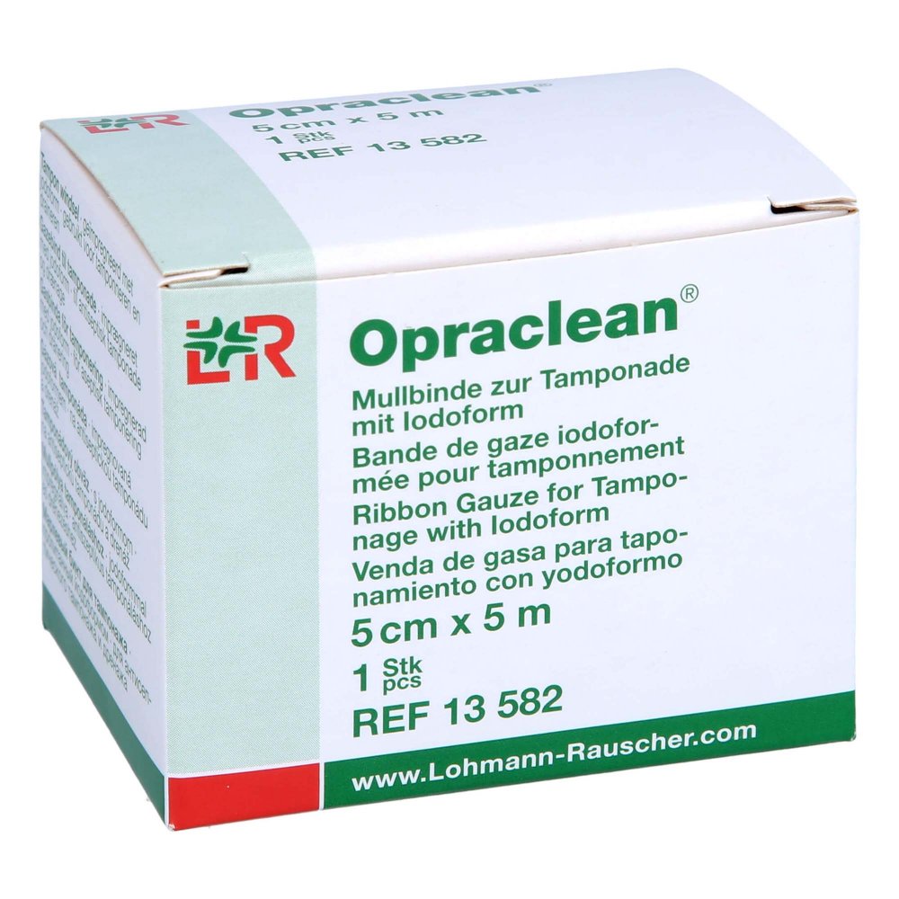 Das Produktfoto zeigt Opraclean Mullbinde Z.Tampon.M.Jodoform 5 Cmx5 M (1 stk) PZN 17492220