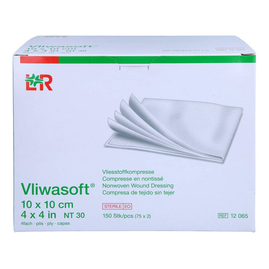 Das Produktfoto zeigt Vliwasoft Vlieskompressen Steril 10x10 Cm 4l. (150 stk) PZN 17492272