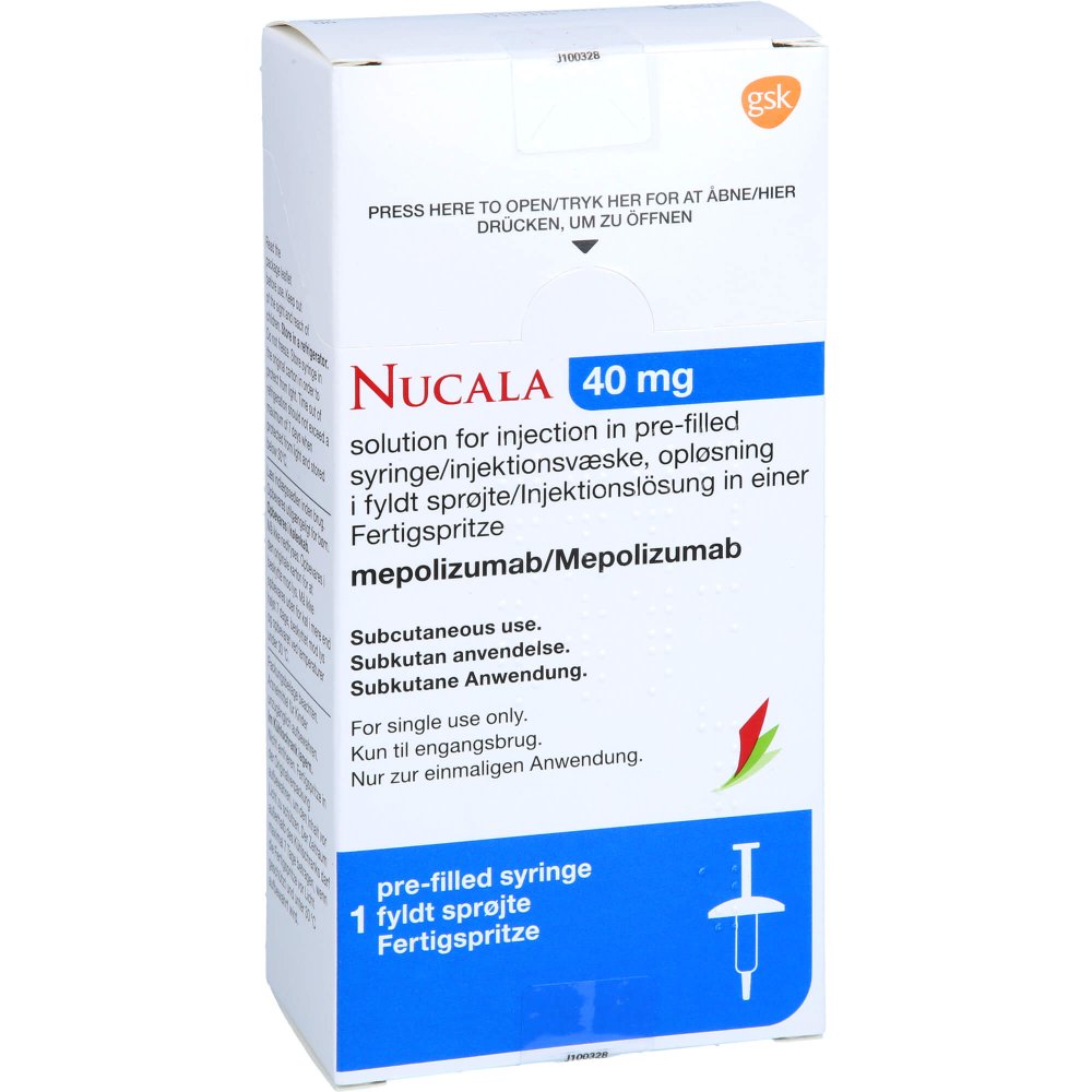 Das Produktfoto zeigt Nucala 40 Mg Injektionslösung I.E.Fertigspritze (1X0.4 ml) PZN 17512365