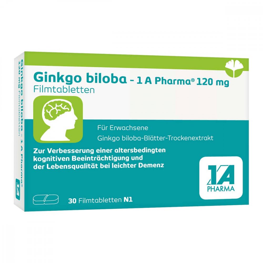 Das Produktfoto zeigt Ginkgo Biloba-1a Pharma 120 Mg Filmtabletten (30 stk) PZN 17534786