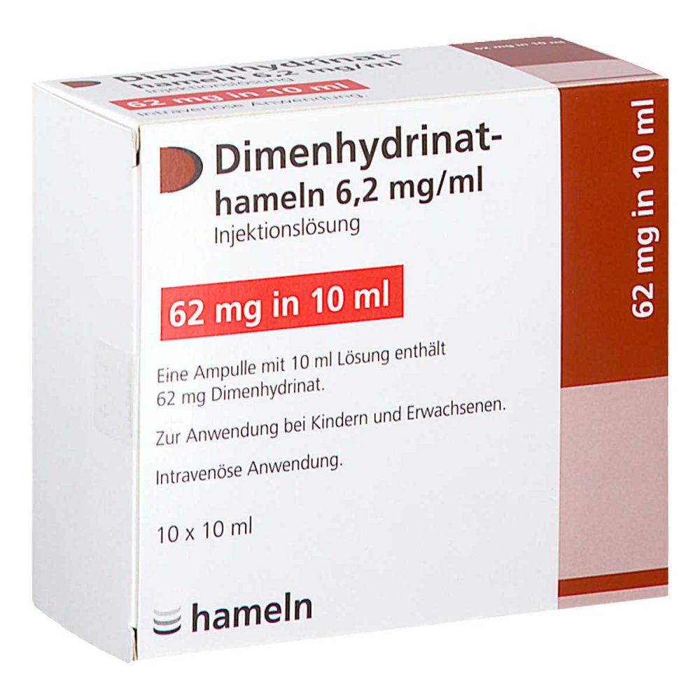 Das Produktfoto zeigt Dimenhydrinat-Hameln 6,2 Mg/Ml Injektionslösung (10X10 ml) PZN 17534817