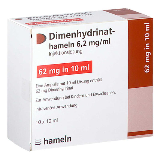 Das Produktfoto zeigt Dimenhydrinat-Hameln 6,2 Mg/Ml Injektionslösung (10X10 ml) PZN 17534817