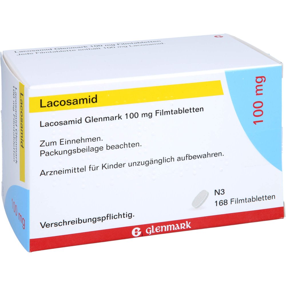 Das Produktfoto zeigt Lacosamid Glenmark 100 Mg Filmtabletten (168 stk) PZN 17534823