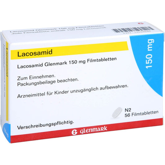 Das Produktfoto zeigt Lacosamid Glenmark 150 Mg Filmtabletten (56 stk) PZN 17534846