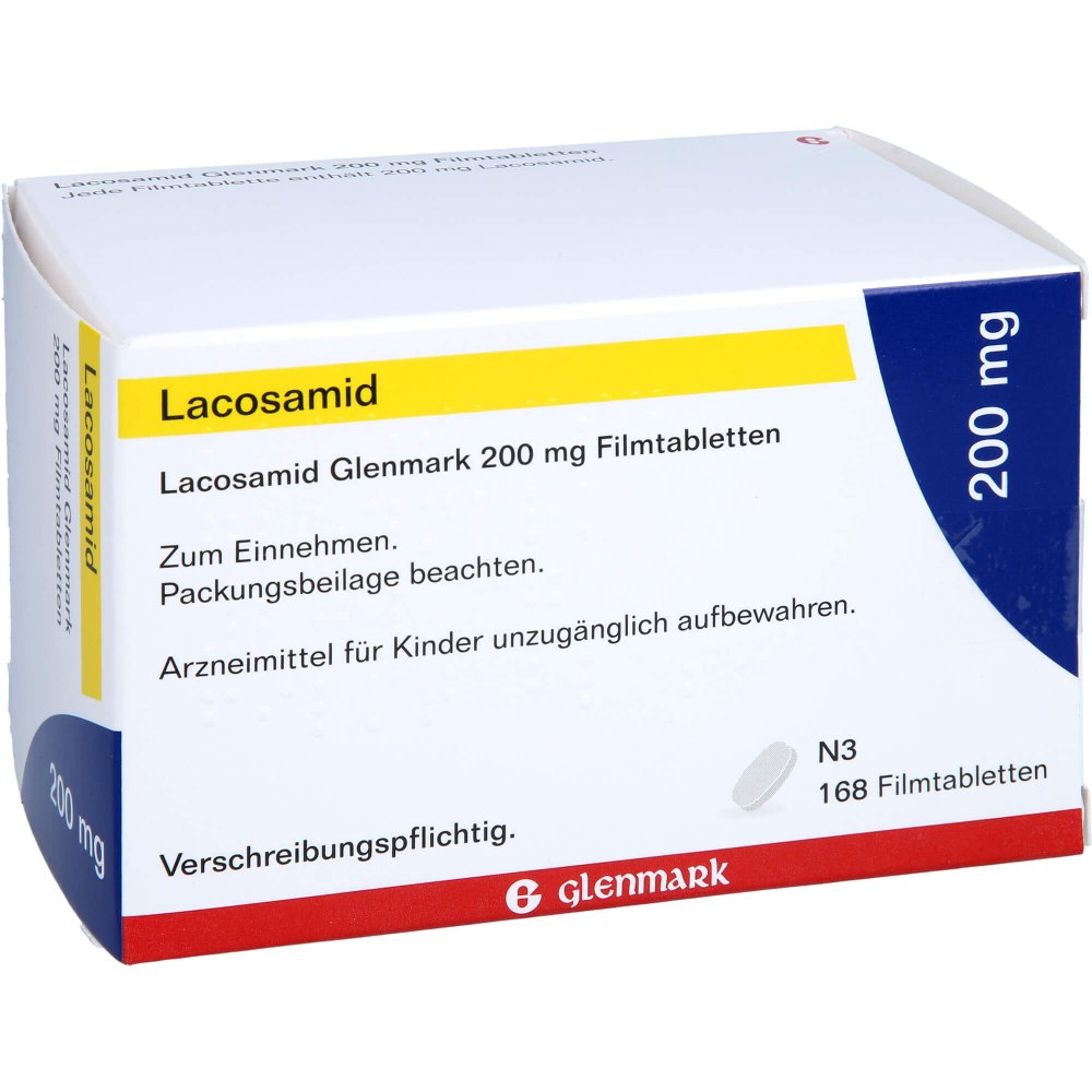 Das Produktfoto zeigt Lacosamid Glenmark 200 Mg Filmtabletten (168 stk) PZN 17534875