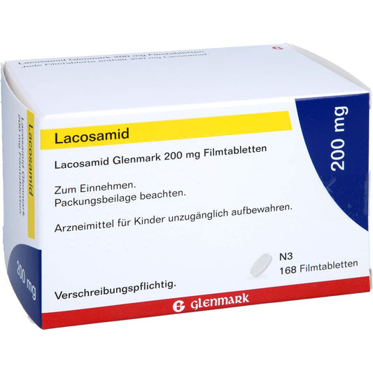 Das Produktfoto zeigt Lacosamid Glenmark 200 Mg Filmtabletten (168 stk) PZN 17534875