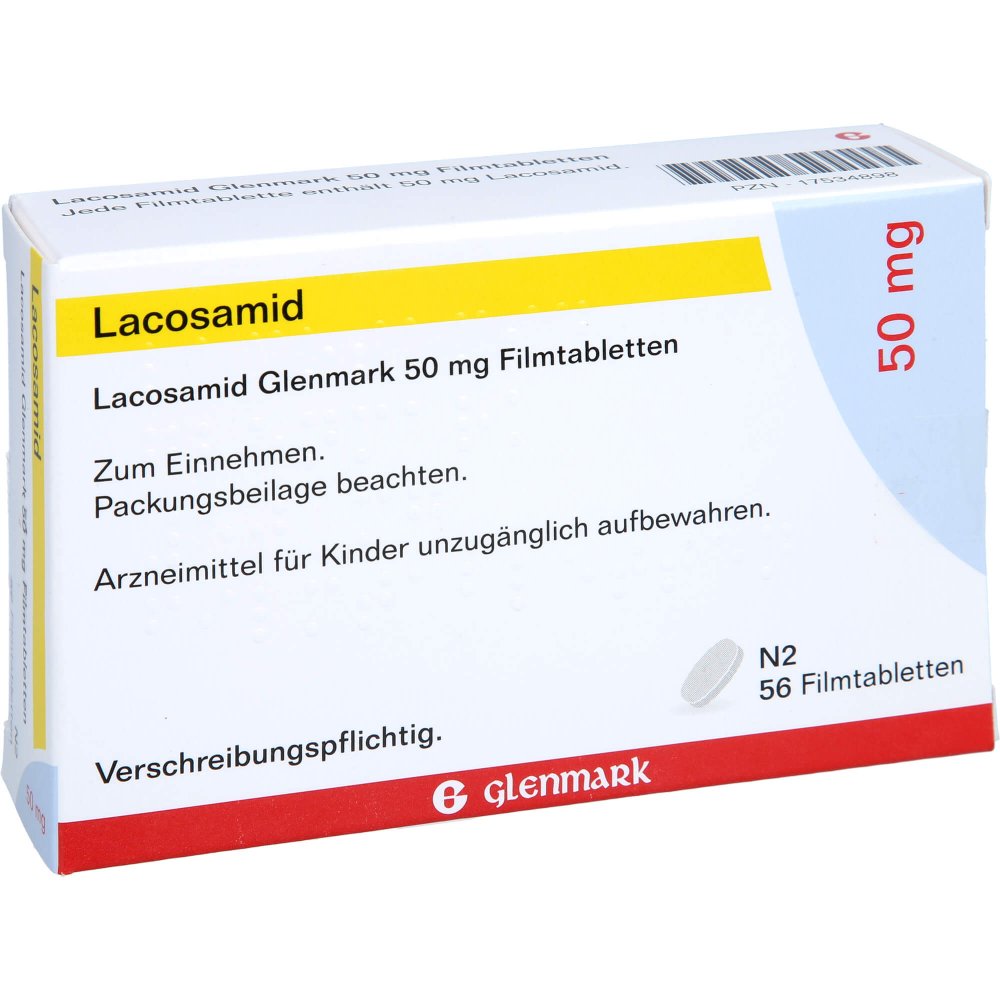 Das Produktfoto zeigt Lacosamid Glenmark 50 Mg Filmtabletten (56 stk) PZN 17534898