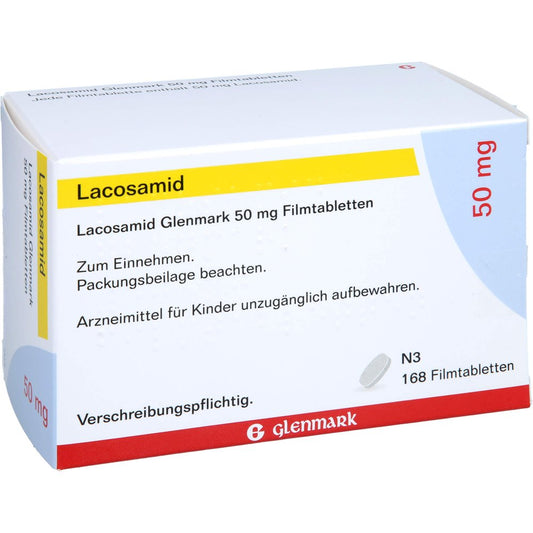 Das Produktfoto zeigt Lacosamid Glenmark 50 Mg Filmtabletten (168 stk) PZN 17534906