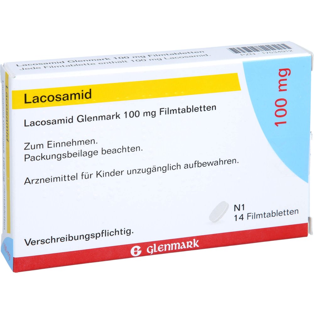Das Produktfoto zeigt Lacosamid Glenmark 100 Mg Filmtabletten (14 stk) PZN 17534912