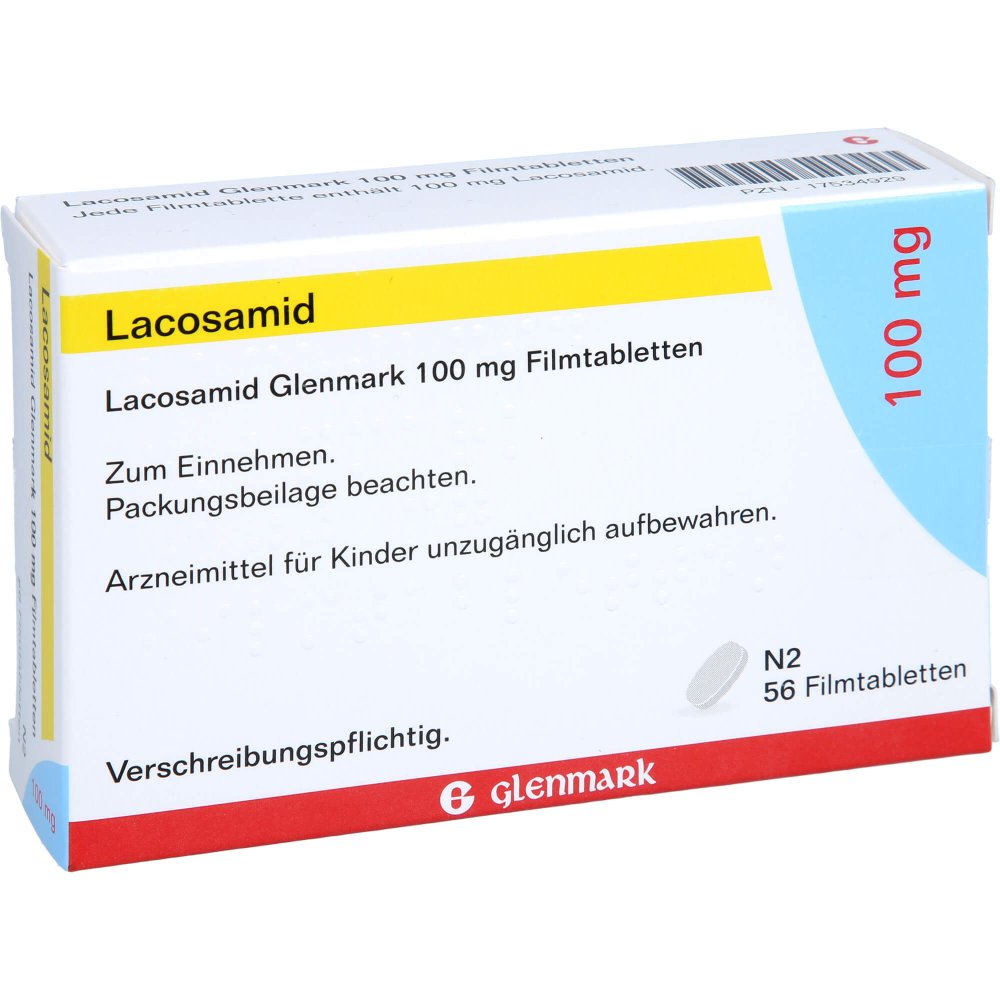 Das Produktfoto zeigt Lacosamid Glenmark 100 Mg Filmtabletten (56 stk) PZN 17534929