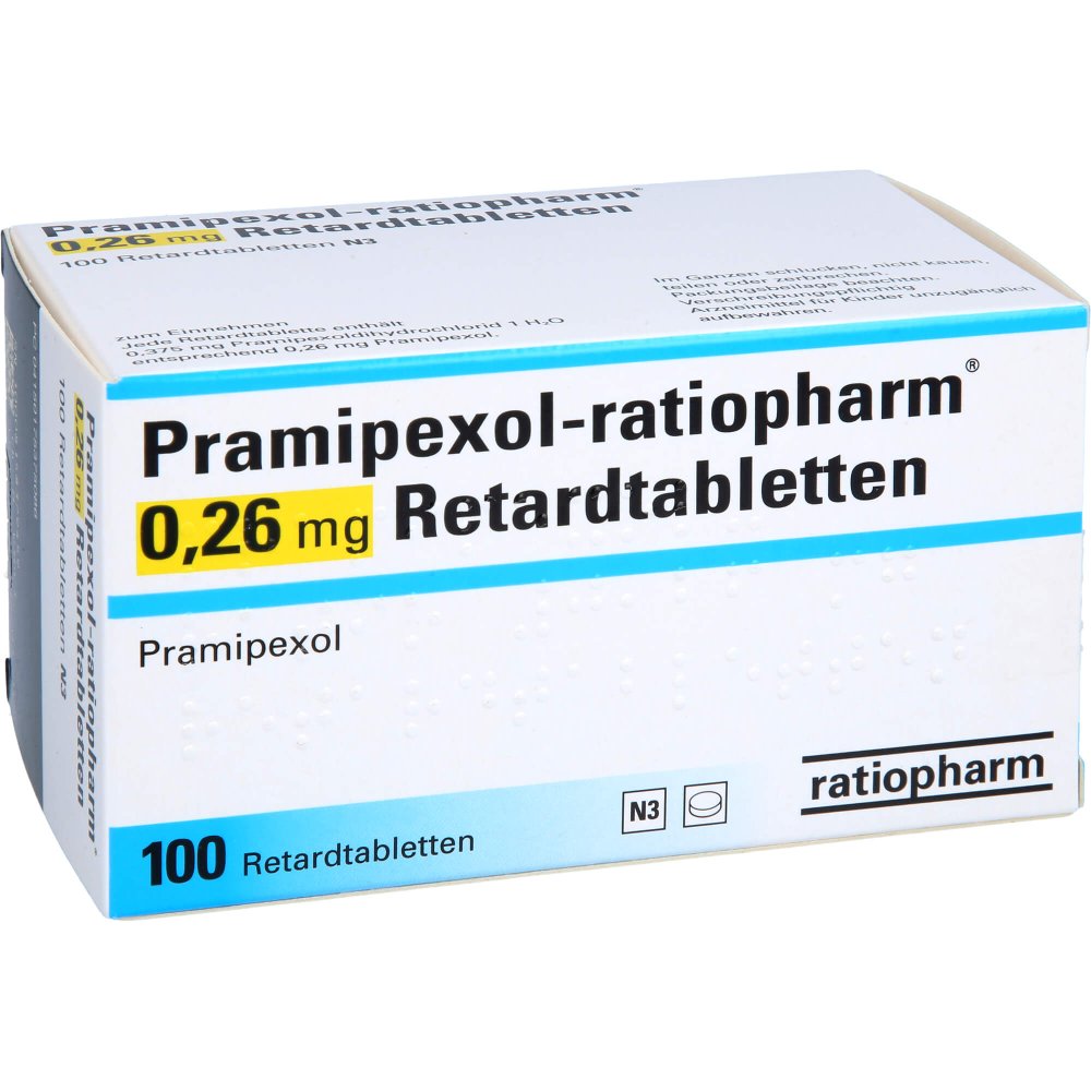 Das Produktfoto zeigt Pramipexol-Ratiopharm 0,26 Mg Retardtabletten (100 stk) PZN 17537508