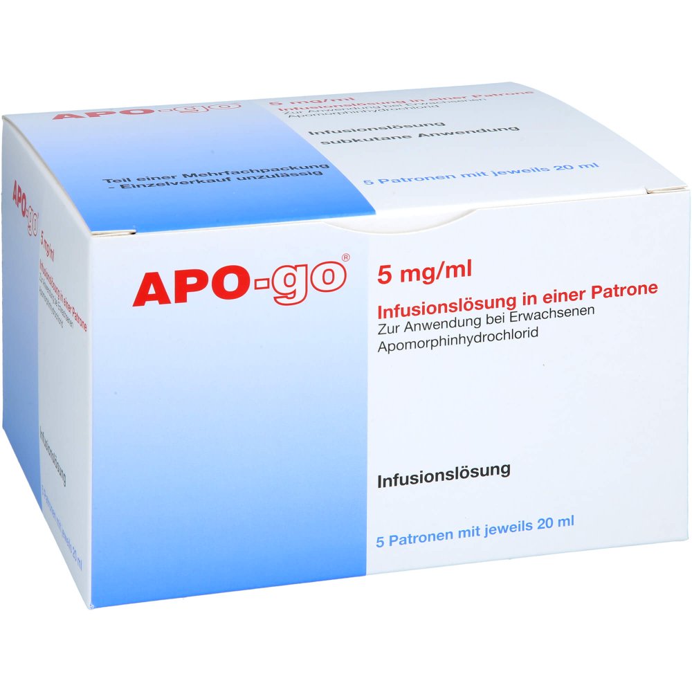 Das Produktfoto zeigt Apo-Go 5 Mg/Ml Lnfusionslösung I.E.Patrone 100mg (5X5X20 ml) PZN 17548624