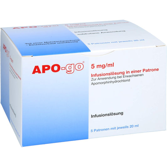 Das Produktfoto zeigt Apo-Go 5 Mg/Ml Lnfusionslösung I.E.Patrone 100mg (5X5X20 ml) PZN 17548624