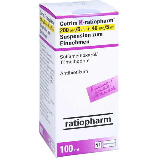 Das Produktfoto zeigt Cotrim K-Ratiopharm 200mg/5ml + 40mg/5ml Susp.Z.E. (100 ml) PZN 17550609