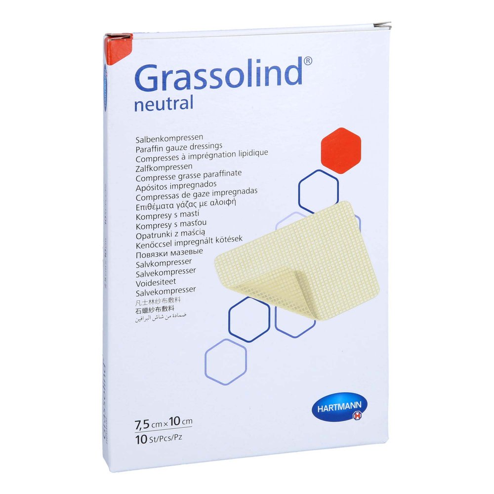 Das Produktfoto zeigt Grassolind Salbenkompressen 7,5x10 Cm Steril (10 stk) PZN 17565835