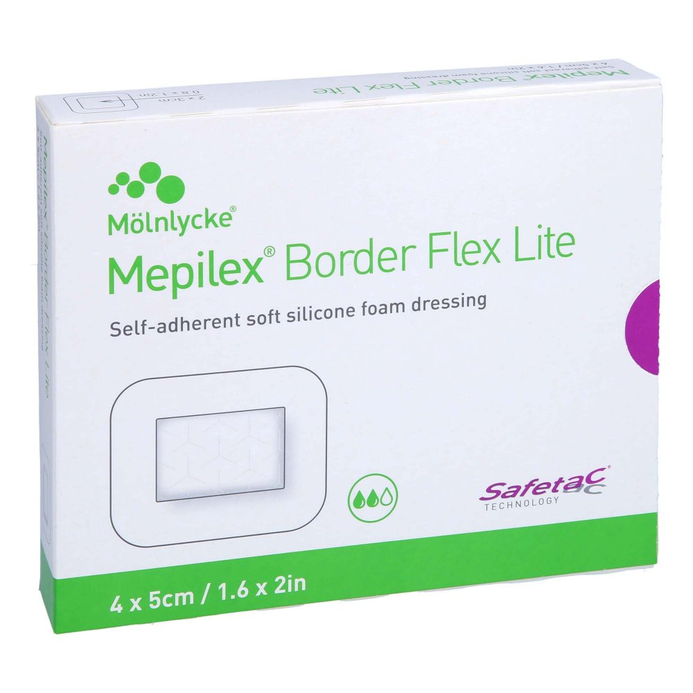 Das Produktfoto zeigt Mepilex Border Flex Lite Schaumverband 4x5 Cm (10 stk) PZN 17565901