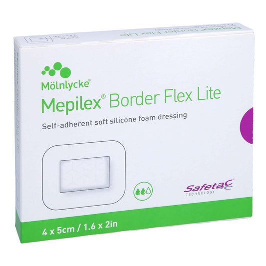 Das Produktfoto zeigt Mepilex Border Flex Lite Schaumverband 4x5 Cm (10 stk) PZN 17565901