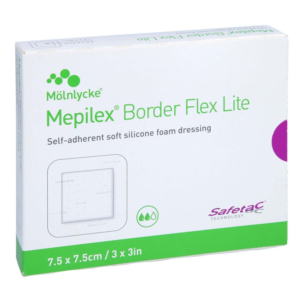 Das Produktfoto zeigt Mepilex Border Flex Lite Schaumverband 7,5x7,5 Cm (5 stk) PZN 17565918