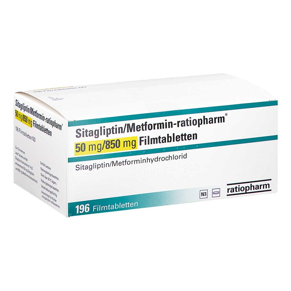 Das Produktfoto zeigt Sitagliptin/Metformin-Ratiopharm 50mg/850mg Fta (196 stk) PZN 17574202