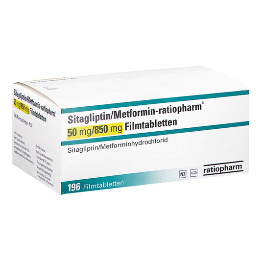 Das Produktfoto zeigt Sitagliptin/Metformin-Ratiopharm 50mg/850mg Fta (196 stk) PZN 17574202