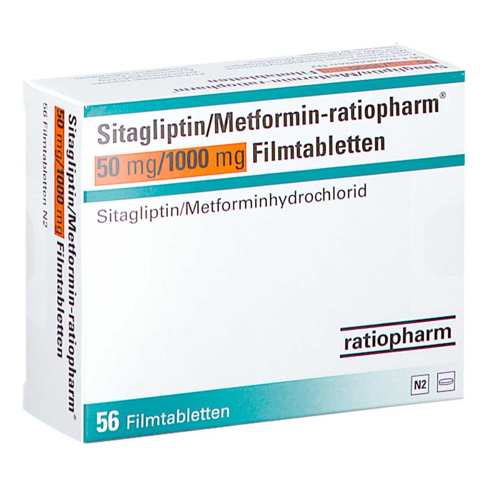 Das Produktfoto zeigt Sitagliptin/Metformin-Ratiopharm 50mg/1000mg Fta (56 stk) PZN 17574219