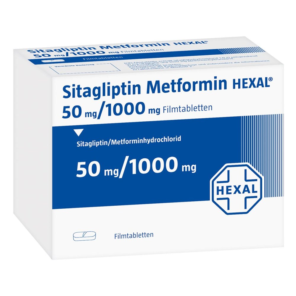 Das Produktfoto zeigt Sitagliptin Metformin Hexal 50 Mg/1000 Mg Filmtab. (196 stk) PZN 17575414