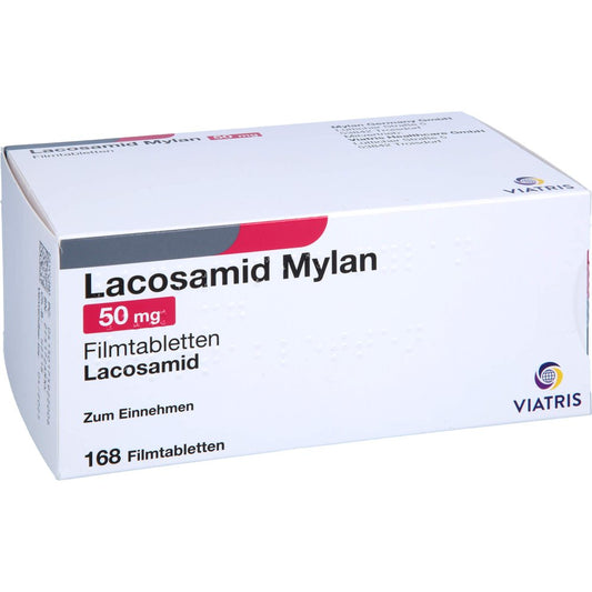 Das Produktfoto zeigt Lacosamid Mylan 50 Mg Filmtabletten (168 stk) PZN 17592200